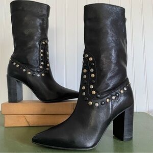 NWT Free People STUDDED DAKOTA Mid Calf Boots in Black Leather *Italy*